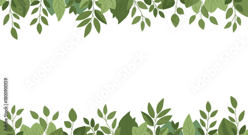Lush green leaves forming decorative borders at the top and bottom on a white background, perfect for natural and botanical designs.