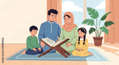 Flat vector illustration of Islamic family reading Quran together at home using traditional book stand. Solid tones, no gradients, spiritual Muslim family lifestyle scene