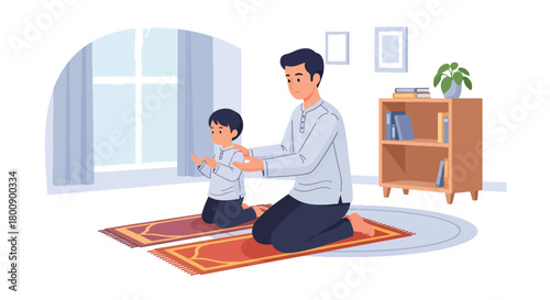 Flat vector Muslim father guiding young son through salah movements on prayer mats. Solid colors, no gradients, warm Islamic parenting and religious education scene