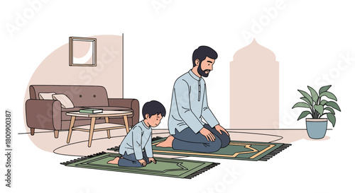 Flat vector Muslim father guiding young son through salah movements on prayer mats. Solid colors, no gradients, warm Islamic parenting and religious education scene