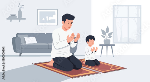 Flat vector Muslim father guiding young son through salah movements on prayer mats. Solid colors, no gradients, warm Islamic parenting and religious education scene
