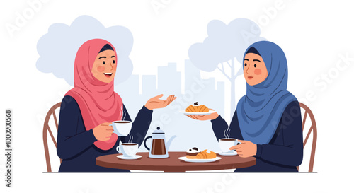 Flat vector Muslim women wearing hijabs chatting at an outdoor café. Solid color palette, no gradients, modern Islamic social lifestyle and sisterhood theme