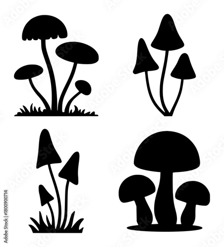 Black Silhouette Mushroom Illustrations on White Background