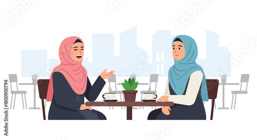 Flat vector Muslim women wearing hijabs chatting at an outdoor café. Solid color palette, no gradients, modern Islamic social lifestyle and sisterhood theme