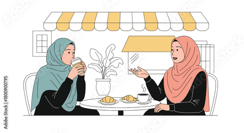 Flat vector Muslim women wearing hijabs chatting at an outdoor café. Solid color palette, no gradients, modern Islamic social lifestyle and sisterhood theme