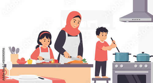 Flat vector Islamic family cooking together in modern kitchen, preparing traditional dishes. Solid warm colors, no gradients, cultural home lifestyle illustration