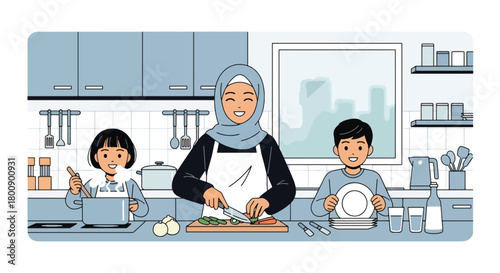 Flat vector Islamic family cooking together in modern kitchen, preparing traditional dishes. Solid warm colors, no gradients, cultural home lifestyle illustration