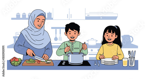 Flat vector Islamic family cooking together in modern kitchen, preparing traditional dishes. Solid warm colors, no gradients, cultural home lifestyle illustration