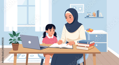 Flat vector Muslim mother in hijab tutoring daughter at desk with books and laptop. Solid tones, no gradients, Islamic family education and supportive parenting lifestyle