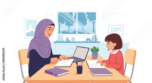Flat vector Muslim mother in hijab tutoring daughter at desk with books and laptop. Solid tones, no gradients, Islamic family education and supportive parenting lifestyle