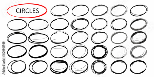 Collection of hand drawn circles and ovals in black and gray with a red oval label saying circles