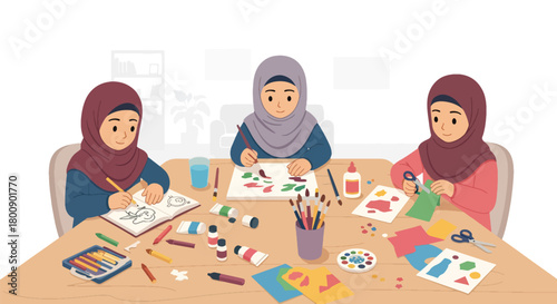 Flat vector Muslim girls in hijab drawing and painting together with colorful art supplies. Solid tones, no gradients, Islamic family creativity lifestyle scene