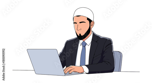 Flat vector Muslim man in kufi hat working on laptop at desk with modern office items. Solid tones, no gradients, Islamic professional lifestyle theme