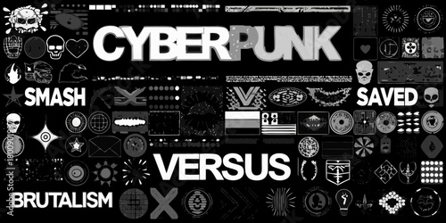 Cyberpunk brutalism smash versus saved collage with skulls and futuristic icons