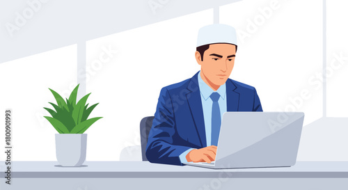Flat vector Muslim man in kufi hat working on laptop at desk with modern office items. Solid tones, no gradients, Islamic professional lifestyle theme