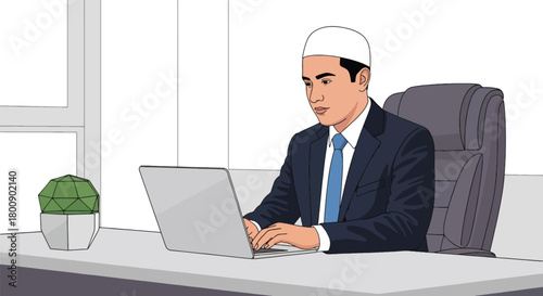 Flat vector Muslim man in kufi hat working on laptop at desk with modern office items. Solid tones, no gradients, Islamic professional lifestyle theme