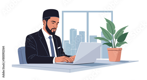 Flat vector Muslim man in kufi hat working on laptop at desk with modern office items. Solid tones, no gradients, Islamic professional lifestyle theme