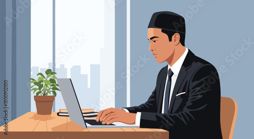 Flat vector Muslim man in kufi hat working on laptop at desk with modern office items. Solid tones, no gradients, Islamic professional lifestyle theme