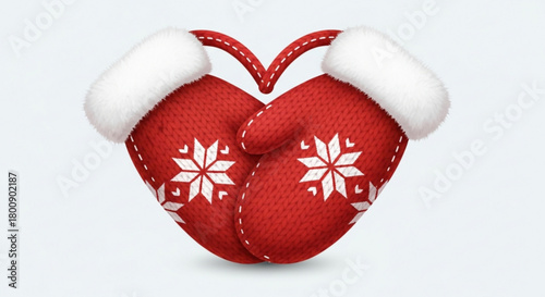 Red winter mittens vector illustration with snowflake design and white fur trim for christmas holiday season