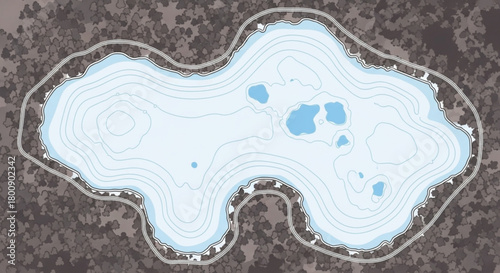 Lake depth contour map illustration for fishing and recreation showing water depth and shoreline details art