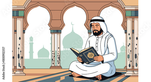 Flat vector Muslim man sitting with Quran inside mosque near pillars and arches. Solid soft tones, no gradients, peaceful Islamic worship lifestyle illustration