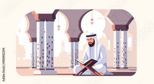 Flat vector Muslim man sitting with Quran inside mosque near pillars and arches. Solid soft tones, no gradients, peaceful Islamic worship lifestyle illustration