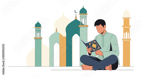 Flat vector Muslim man sitting with Quran inside mosque near pillars and arches. Solid soft tones, no gradients, peaceful Islamic worship lifestyle illustration