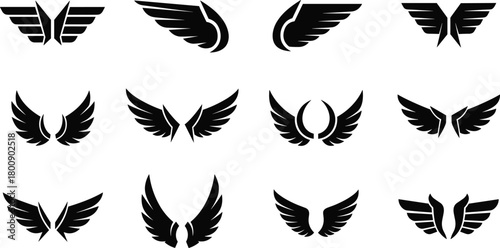 Set of black abstract wing logo icons, minimalist feather silhouette collection for aviation, freedom, angel, tattoo, luxury brand identity, vector design illustration