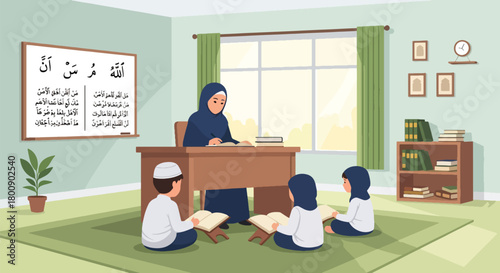 Flat vector Islamic school classroom with children studying letters and verses with teacher. Solid bright colors, no gradients, educational Muslim lifestyle scene