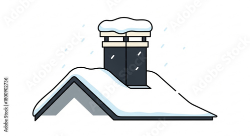 Winter roof snow scene illustration with chimney covered in snow and falling snow vector graphic