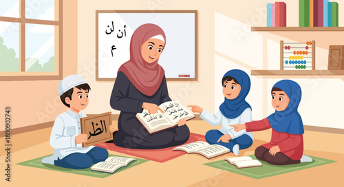 Flat vector Islamic school classroom with children studying letters and verses with teacher. Solid bright colors, no gradients, educational Muslim lifestyle scene