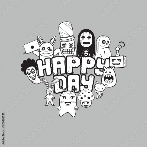 Cute black-and-white doodle characters surrounding the text Happy Day in a playful hand-drawn style.