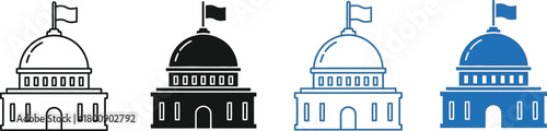 Capitol Building Domes Icons Set, Black, Outline, Blue, Isolated on White Background