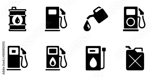 Collection of Fuel and Gas Station Icons Barrels, Pumps, and Cans
