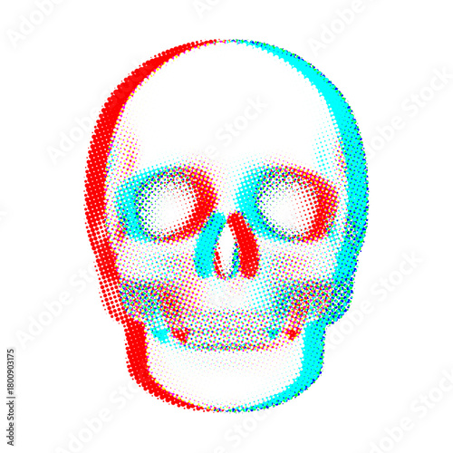 Human skull illustration striking cyan and red anaglyph halftone effect Distressed vintage pop art style Minimalistic Ideal for digital glitch or abstract danger concepts