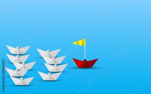 Red paper boat with yellow flag leading white boats, symbolizing leadership, vision, and standing out concept