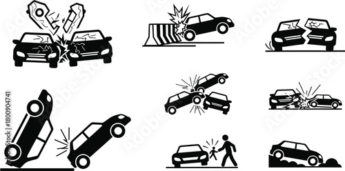 Car Crash Incidents Icon Set, Black Silhouette on Transparent Background, Road Accidents