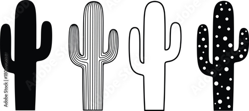 Set of cactus silhouette and outline illustrations, desert plant icons in different styles, minimal botanical vector design for nature, western and decor themes