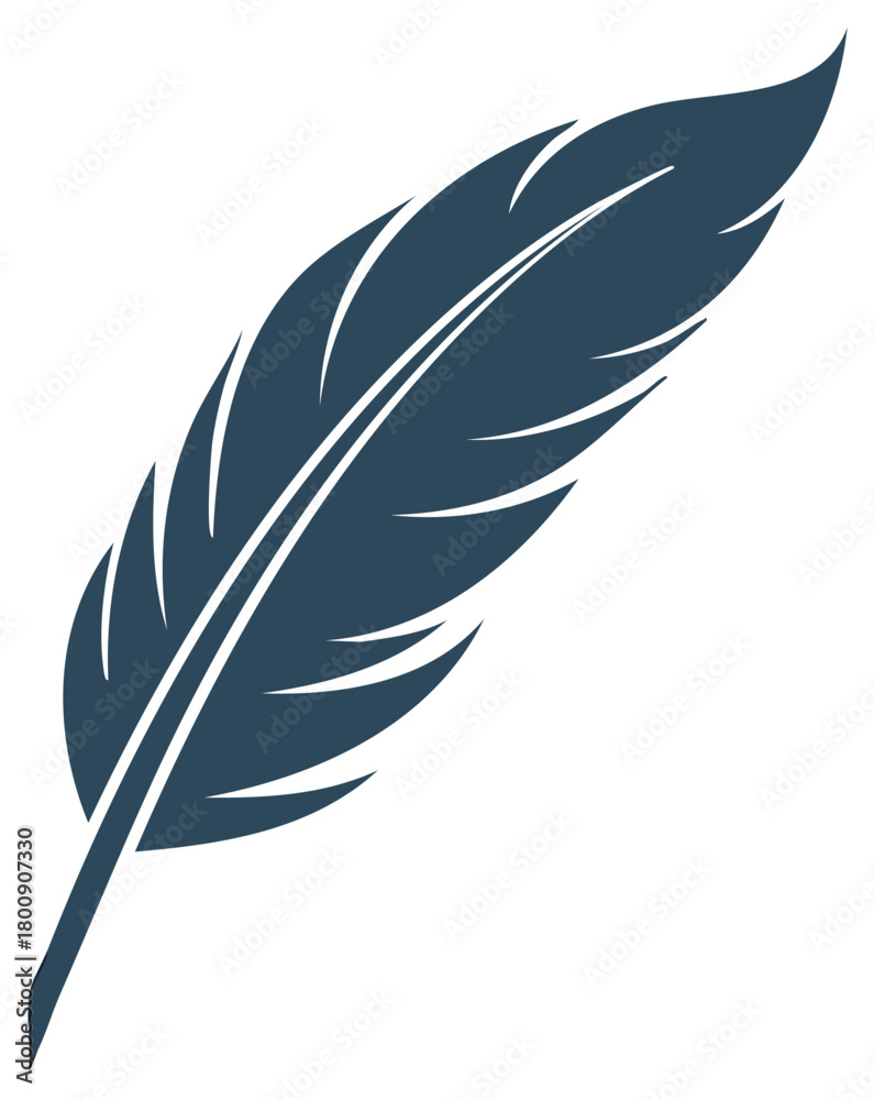 Obraz premium Stylized dark blue feather illustration on white background, symbol of writing.