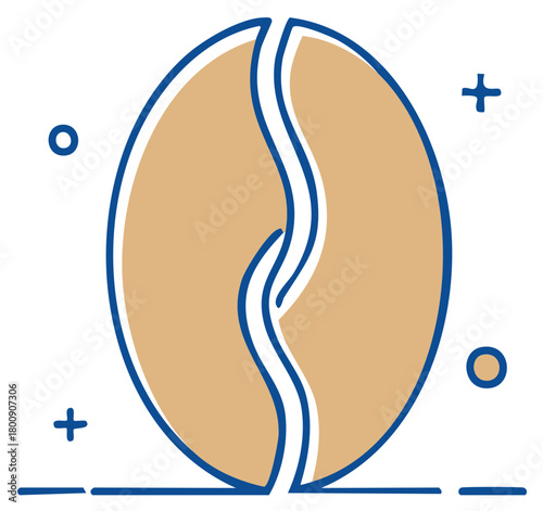Coffee bean split in half with blue line art. Simple flat graphic illustration.
