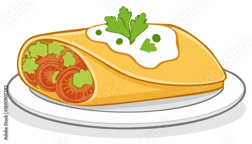 Illustration of a Mexican burrito on a plate with fresh ingredients and white sauce