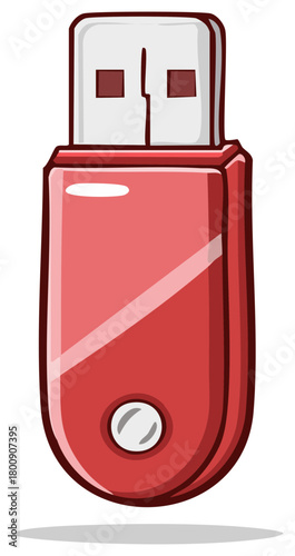 Cartoon illustration of red USB flash drive with silver button and shadow.