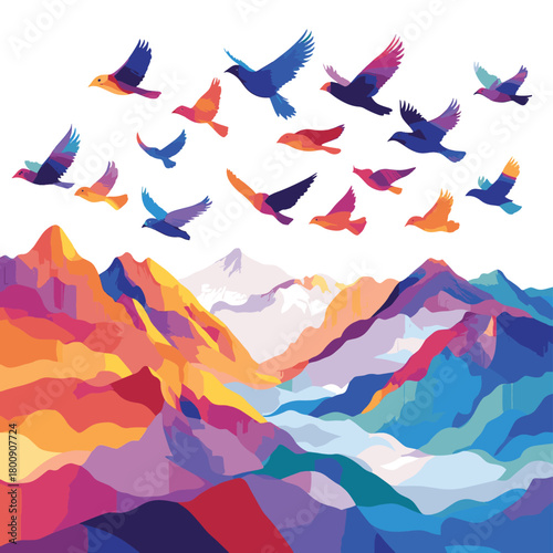 Vivid dreamlike birds made of abstract colors flying over a surreal mountain range, symbolizing freedom of thought , vector style simple color