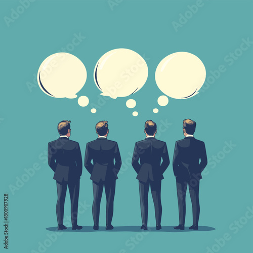 A group of businessmen in suits stand with their backs to the viewer, contemplating ideas represented by empty thought bubbles above them.  , vector style simple color