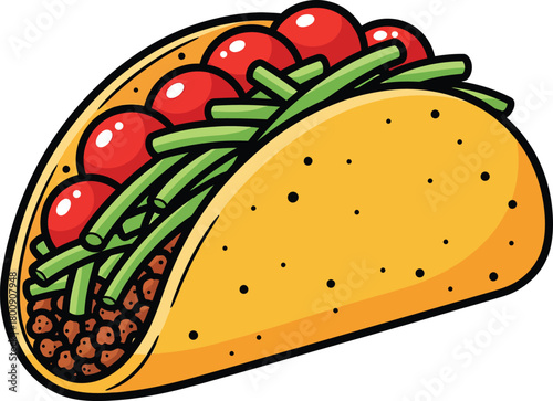 Colorful hard shell taco illustration with seasoned ground beef shredded lettuce and cherry tomatoes.