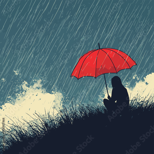 A sentient umbrella shielding from negative energies and thoughts on a rainy moody landscape. Sentient Storms. Illustration  , vector style simple color