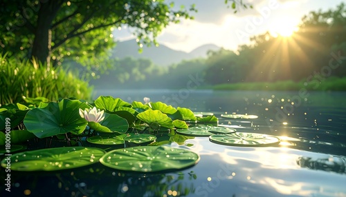 Fototapeta Naklejka Na Ścianę i Meble -  A serene waterscape, with lily pads floating on a calm lake, lush greenery, and the sun casting bright light