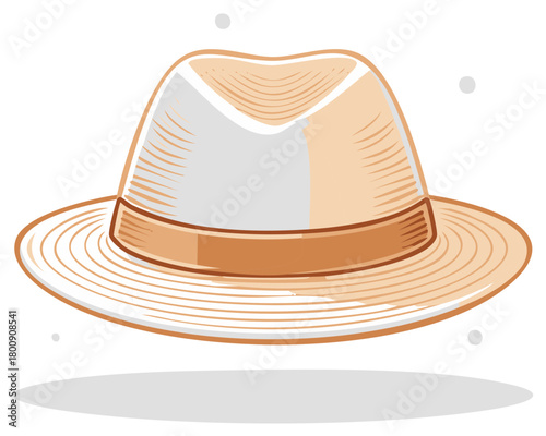 Stylized Fedora Hat Illustration with Shadows, Brown Band and Detailed Brim