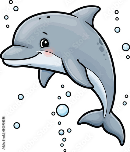 Cute gray cartoon dolphin with a happy smile and blushing cheeks swimming playfully among bubbles.