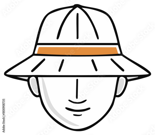 Minimalist Cartoon Person Face Wearing Traditional Pith Helmet with Orange Band Explorer Adventure Icon